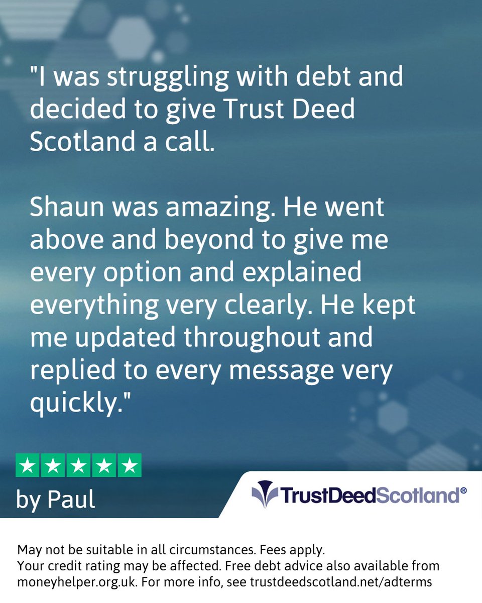 TrustDeedScotl's tweet photo. 🆕 Trust Deed Scotland® @Trustpilot review.
★★★★★ by Paul.
Read more reviews:
➡️ https://t.co/0KAr59n3yD
What will your Debt Help Story be?
Get started:
➡️ https://t.co/qHLKkMYdcf
📞 0141 221 0999
#shaunfromtrustdeedscotland #debthelpstories https://t.co/0EK5kBx9kP