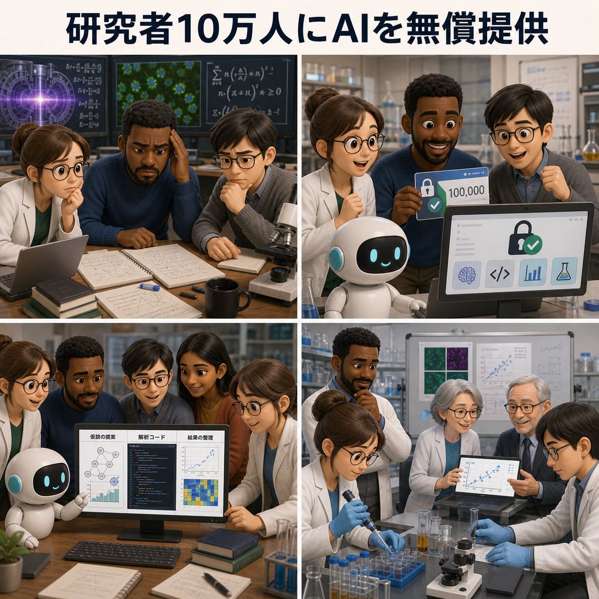 ai_buzz_check's tweet photo. 研究者10万人が、
高度なChatGPTとCodexを無料で使える。
AIの次の競争は、文章作成より
『誰が新しい発見を早めるか』に移り始めています。

OpenAIは、科学・数学・工学の研究者10万人を対象に、高度なモデル、Deep Research、長い文脈、Codexなどへの無償アクセスを提供するプログラムを発表しました。

すでに毎週約130万人がChatGPTを高度な科学・数学に使い、約840万件のメッセージを送っているとしています。

利用が多い上位20%の研究者は、4時間以上かかる作業をAIに頼む割合が約7%。ほかの研究者の3.5%に対し、ほぼ2倍でした。

つまりAIは、簡単な要約だけでなく、仮説、コード、分析、証明の検討まで入り始めています。

ただし、AIが出した答えをそのまま論文にする話ではありません。実験、再計算、査読、人間による検証が残ります。

AIが研究者を消すというより、1人の研究者が試せる仮説の数を増やす。
この差が数年後の研究速度に効いてきそうです。

参考：
https://t.co/TDYAwXYUOc