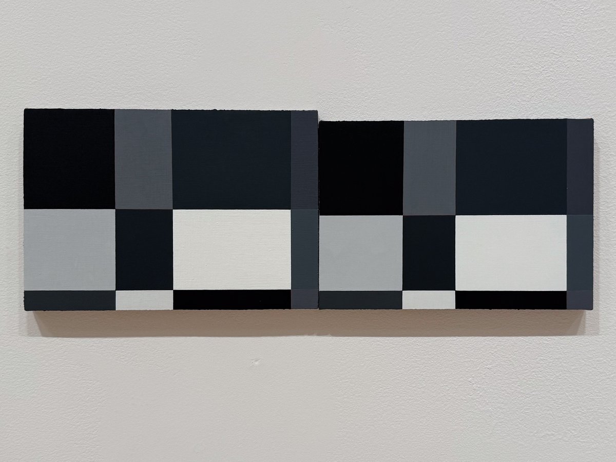 MoMAPS1's tweet photo. Ian Miyamura's "saturation exercise" brings together seven pairs of "fraternal paintings": abutting panels of nongestural, flat color that appear perfectly doubled, until you look again.

The treatment recalls modernist geometric abstraction such as de Stijl, or the squares on a chessboard. The subtle gradation in color between pairs shifts the overall value, lightness or darkness, and creates a sequential crescendo, or decay, in surface color.

Take a closer look and do it soon: Greater New York closes on Aug 17. 
—
Ian Miyamura (@man_ur_iam_iya) "saturation exercise," 2026. oil on linen over panel.