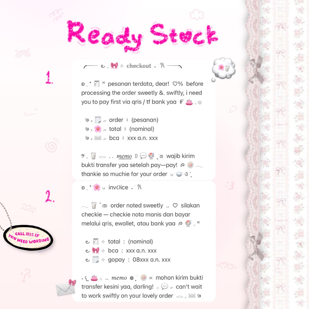 wordinh's tweet photo. 𝘩𝘦𝘭𝘱 𝘳𝘦𝘱𝘰𝘴𝘵 𝘥𝘦𝘢𝘳

🧾🌸  made for you  ..  < PAYMENT WORDING >  🥛  tukarkan dengan 6.000 koin ajaaa!  🎀  free req ganti emoji yaa, tman—tmun  🍥 sila ketuk dm iris untuk jajan!  ✉️💞

tags  :  #bealanja rs ready stock https://t.co/5aNqjxO6ai