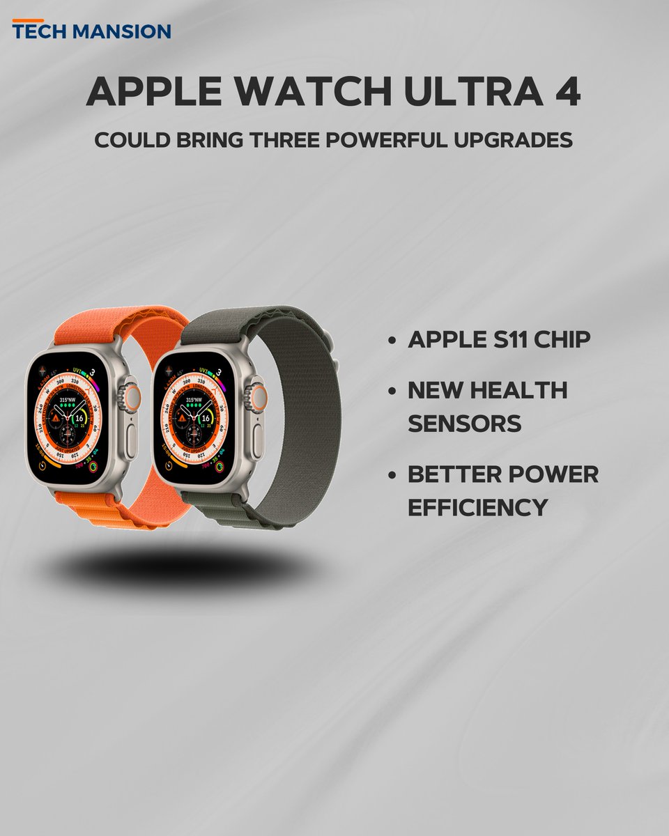 TechMansion's tweet photo. Apple Watch Ultra 4:These three powerful upgrades are expected to make Apple’s next rugged smartwatch even more capable, from health tracking to performance and battery improvements.
#applewatchultra4 #apple #watchultra #techleaks #wearables https://t.co/Ya9p9M8bqw