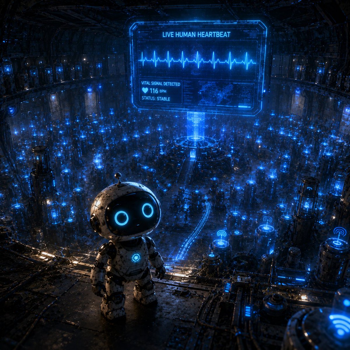 MarkoMilojkovi2's tweet photo. @weroamxyz @chongez4 R-01 followed the redirected signal into a forgotten station. There, hundreds of dormant transmitters suddenly awakened.

One screen displayed a live human heartbeat.

R-01 froze.

Humanity wasn’t gone.

The signal had been hiding them all along.

ref:77223444  
AI:2051 https://t.co/q2q4s4kH73