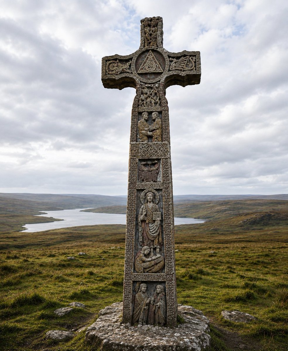 Englishremnant's tweet photo. The Ruthwell Cross is one of the greatest surviving pieces of Anglo-Saxon Christian heritage anywhere in Britain. Raised in the old Kingdom of Northumbria in the early 8th century, it was originally carved with biblical scenes, Latin inscriptions and Anglo-Saxon runes. It likely would have been painted too, with mineral pigments bringing the carvings to life before a thousand years of weather stripped most of it away.

What survives is still enough to show the level of craftsmanship, Christianity and identity that existed in early English and Northumbrian culture long before the Norman conquest. 🏴󠁧󠁢󠁥󠁮󠁧󠁿