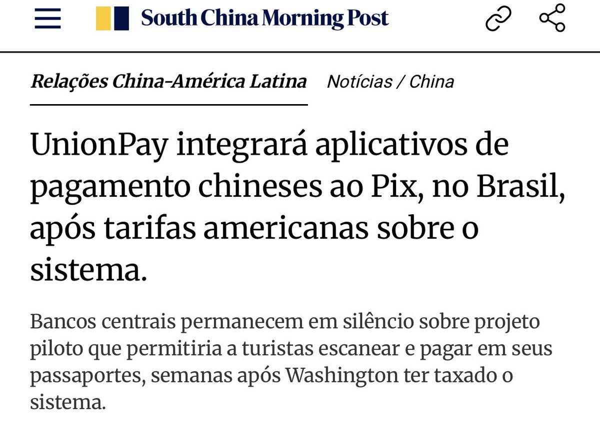 lordivan22's tweet photo. Brasil 🇧🇷/China 🇨🇳: A China anunciou o início da sua conexão com o Pix 

Com a integração da “UnionPay” turistas chineses poderão pagar no Brasil diretamente pelos seus apps, sem precisar passar pelo sistema tradicional em dólar. https://t.co/mSGeqy2toE