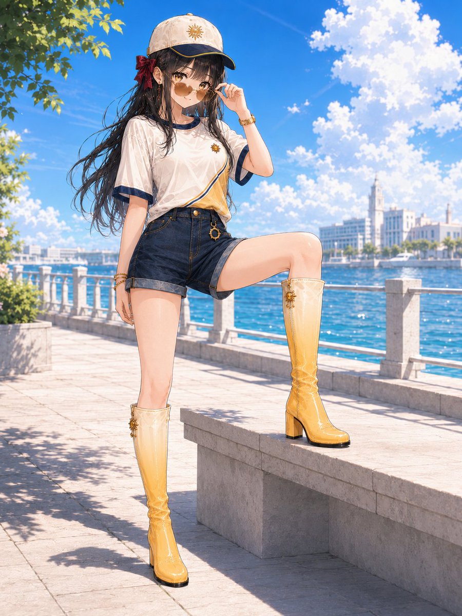 akane_bootdiary's tweet photo. 【衣装プロンプト配布】

こんばんは🌙
今朝予告した、夏のストリートコーデを配布します👢

▼ 衣装プロンプト（コピーしてお使いください）

1girl, solo, full body, both boots fully visible, summer street fashion, SFW, warm ivory six-panel cap with deep navy brim, thin lemon-yellow brim piping, small sun-ray emblem on the cap, soft ivory relaxed T-shirt, narrow pale-yellow curved panel across the shirt with a thin deep-navy accent line, deep navy neckline and sleeve trim, small gold sun crest on the chest, dark indigo high-waisted denim hot pants, rolled hems, yellow stitching and gold rivets, small amber belt-loop ring, sun-ray stitching on the back pockets, triple bracelet set, slim ivory-and-gold wristwatch, yellow-gradient knee-high boots, pale vanilla-cream at the boot opening blending to sunshine yellow on the shaft and marigold yellow at the foot, semi-gloss coated leather, side zipper, softly squared almond toe, chunky yellow block heel, small amber-and-gold sun charm on the outer upper shaft, warm ivory, deep navy, indigo denim, lemon-to-marigold yellow, amber and gold only, fixed color placement,
negative: black boots, brown boots, ankle boots, thigh-high boots, rain boots, sandals, barefoot, maid costume, school uniform, fantasy costume, race queen outfit, excessive exposure, bulky outerwear, winter fashion, extra colors, text, logo

サングラスをかけさせたい時は、この1行を追記してください🕶️
thin gold-frame translucent amber-lens sunglasses, worn on the face

試したらリプか引用で見せていただけると嬉しいです✨
他ツールの方は返信欄の補助プロンプトをどうぞ。

#椿茜のブーツ日記 #AIart