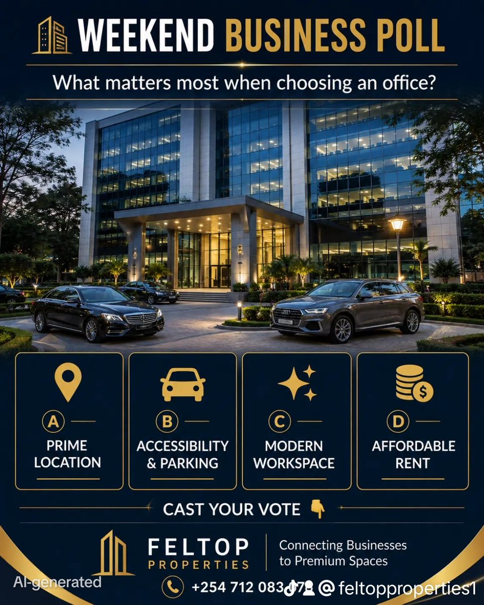 Feltoppropertie's tweet photo. 🏢 WEEKEND POLL!

What matters most when choosing an office?

A 📍 Prime location
B 🚗 Accessibility &amp; parking
C ✨ Modern environment
D 💰 Affordable rent

Vote &amp; tell us why 👇

#WeekendPoll #NairobiBusiness #OfficeSpace https://t.co/c6RJrw0xlL