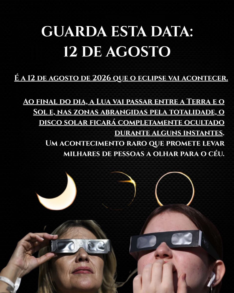 RevistaSafira's tweet photo. Há 114 anos que Portugal não assiste a um eclipse total do Sol. A espera está quase a terminar.

No dia 12 de agosto de 2026, o céu vai proporcionar um fenómeno inesquecível 

Leia o artigo completo em https://t.co/XdZBb4ZP18

#eclipse #eclipsesolar #eclipse2026 #astronomia https://t.co/nSF1YE2qQ7