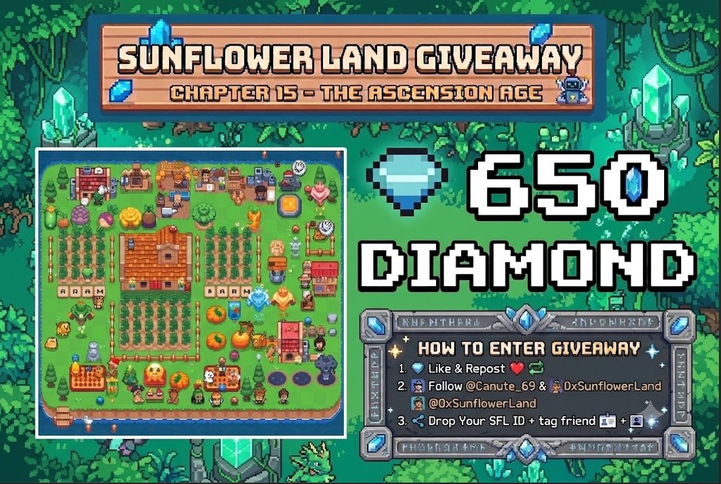Canute_69's tweet photo. 🚀 Sunflower Land: Ascension Age is officially LIVE! 

To celebrate, I’m hosting a 650 Gems Giveaway! 💎✨

How to Enter:
1️⃣ Like &amp; Repost ❤️🔁
2️⃣ Follow me &amp; @0xSunflowerLand 🤝
3️⃣ Drop your SFL ID + tag a friend 🏷️

🏆 1 Lucky Winner selected on August 10th! https://t.co/Dxzdq982h7