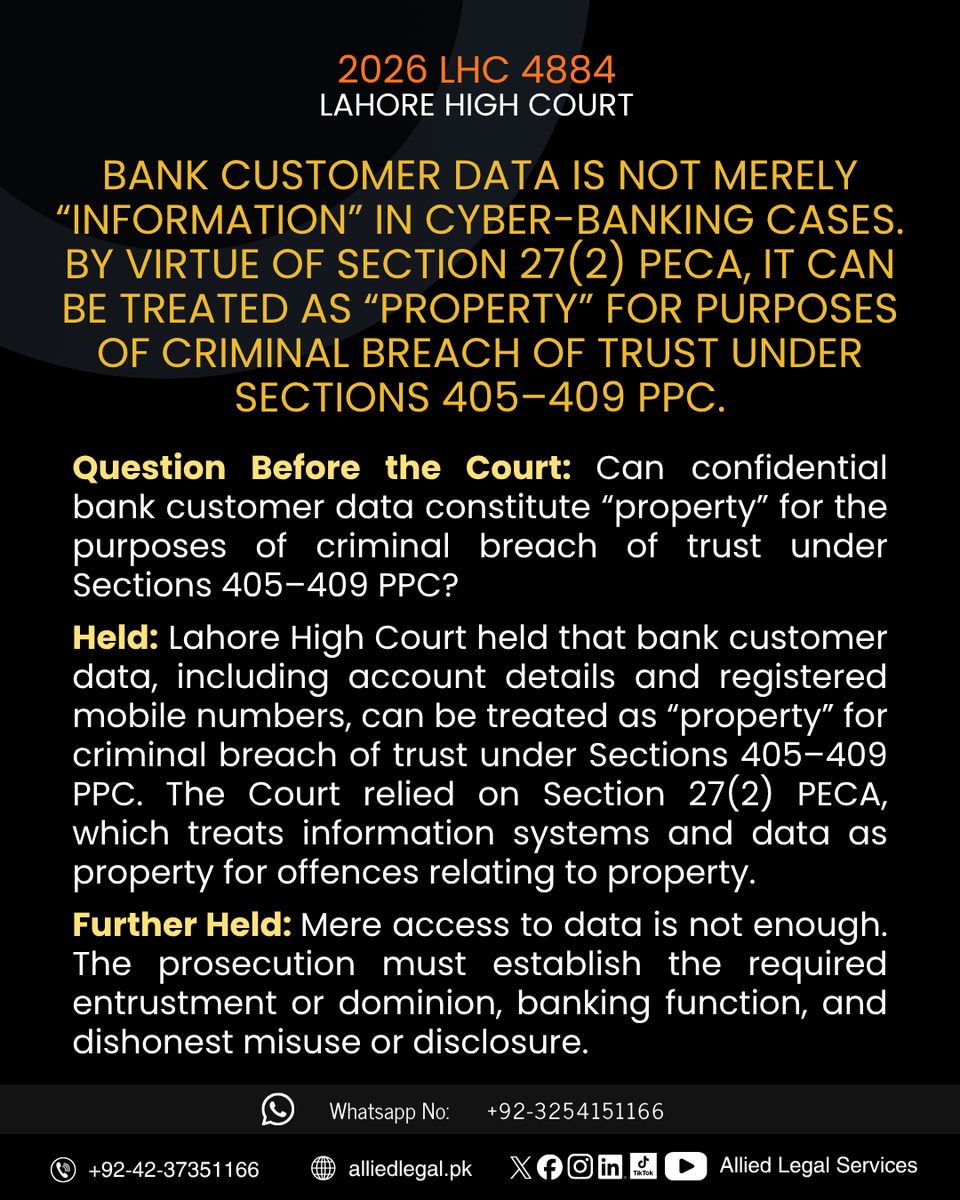 AlliedLegalpk's tweet photo. 2026 LHC 4884 - Lahore High Court
Bank Customer Data Is Not Merely “Information” In Cyber-Banking Cases. By Virtue Of Section 27(2) PECA, It Can be treated as “Property” For Purposes Of Criminal Breach Of Trust Under Sections 405–409 PPC.
.
#LahoreHighCourt #LHC #CyberCrime #PECA https://t.co/g1UcfZj9e7