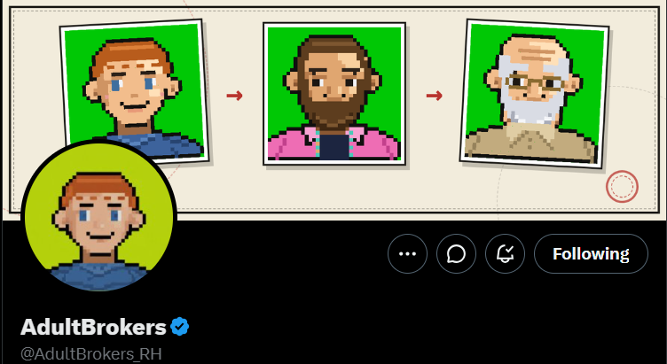 aakj_g's tweet photo. Potantial Alpha @AdultBrokers_RH 

Adult Brokers on Robinhood Chain might be one to watch becuase the concept is actually prettyinteresting.

It’s a collection of 5,555 fully on chain pixel citizens, but instead of every NFT being the same Setup but the collection represents a population growing through different stages of life.
- 2,000 Children — mint #1–2000
- 2,555 Adults — mint #2001–4555
- 1,000 Elders — mint #4556–5555

Your mint number is your birth certificate. Your era is permanently determined on chain.

The setup gets more interesting here's why :

→ Mint price increases as the population grows
→ Elders are scarcer and get 3× the pension rate
→ First 555 = Firstborn
→ Final 100 = Ancients
→ Elders get exclusive governance + retirement rights
→ NFTs can be retired/burned, permanently reducing supply
→ $AGE powers the economy and pension system
→ Every NFT has its own on chain vault
→ Hold Child + Adult + Elder = unlock a family crest + boosted pension
→ Art + metadata are generated directly from the contract

The interesting part is that rarity isn't just a trait spreadsheet.

The population itself changes over time.

Mint early → you're born a Child.
Mint later → you're born an Adult or Elder.
Retire an Elder → the living population gets smaller.

It's basically trying to turn an NFT collection into a small on chain society with an actual lifecycle and economy.

Grow through NFTs. Definitely one to keep on the radar.