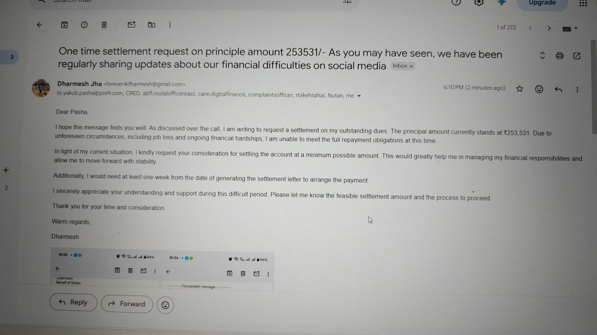 DharmeshJh43312's tweet photo. @CRED_support Hi cred team we have emailed you regarding OTS settlement in minimum percentage. Would request  once again to you please consider and allow me a week time. However I have requested to Pasha but he reacted like CID said can not provide more time. However I am ok for minimum %.plz https://t.co/gLvqxCH9yY