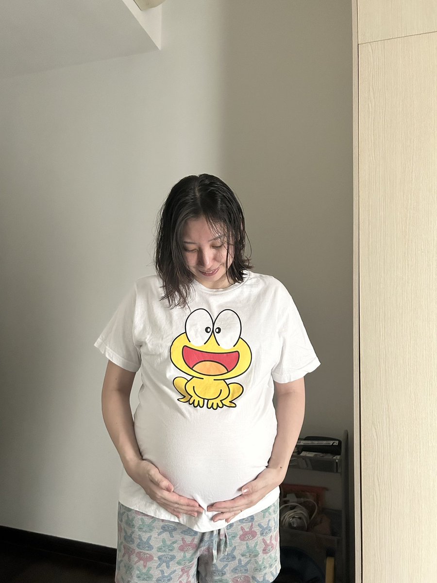 Alcoholic_ruby's tweet photo. 胎動すごくてど根性ガエルみたいって話してたら旦那がTシャツ貸してくれたw
でもお腹のサイズ的にギリギリアウトー！
冷静に考えるとど根性ガエルってすごいストーリーだよね🙄🙄 https://t.co/OZzBOinzJO