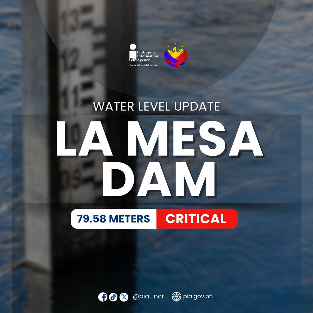 PIA_NCR's tweet photo. LA MESA DAM UPDATE: (7:00 PM) Ang antas ng tubig sa La Mesa Dam ay nasa 79.58 metro.
Ang kritikal na antas nito ay nasa 79.50 metro, habang ang spilling level naman ay nasa 80.15 metro.
#LMD #lamesadam #Habagat https://t.co/u4jaeKs7PG