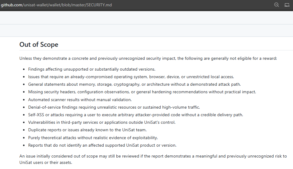 0xShar3's tweet photo. Lmao at @unisat_wallet. Yesterday they rushed a new security.md claiming that memory leaks are out of scope and won't be rewarded.

Writing legal threats to researchers while secretly using their intel to patch your code is a wild strategy. Are user funds SAFU or just your bug bounty budget?