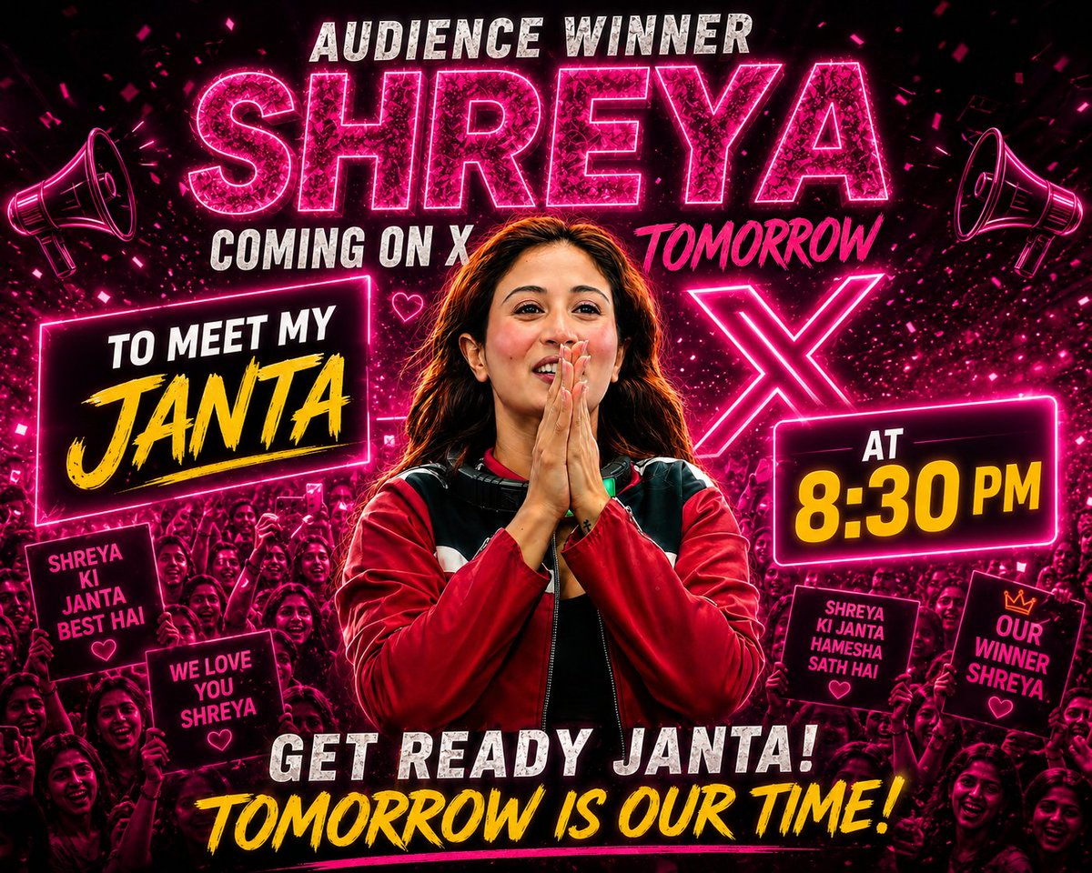 masakalii777's tweet photo. Audience Winner Shreya is coming on X tomorrow to meet her Janta at 8:30 PM.
The love made her win, now it’s time to celebrate together.
Be there. Be loud. This moment belongs to you all.

#ShreyaKalra #ShreyaWarriors #Lockupp2 #WinnerShreyaKalra https://t.co/aX7s7acZIl