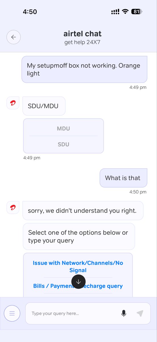 VoiceofDT's tweet photo. @airtelindia this is how your chat responds for basic issue like DTH not working and not able to view channels for week.! https://t.co/TuQBuDLmT7