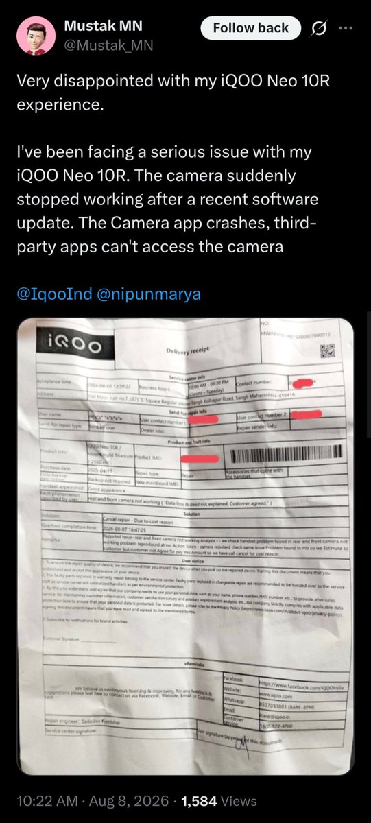 Gadgetsdata's tweet photo. iQOO Neo 10 Series users be cautious :

Many iQOO Neo 10 and iQOO Neo 10R and getting bricked after updating‼️⚠️

So, if you're using the device, do not update it...

If your device get bricked after updating, iQOO is asking to pay the price to fix it...

Because this is the issue with motherboard so it's a hefty amount for many users and also know this :

iQOO is offering some discount for iQOO Neo 10 Series users if their device got bricked due to the update‼️