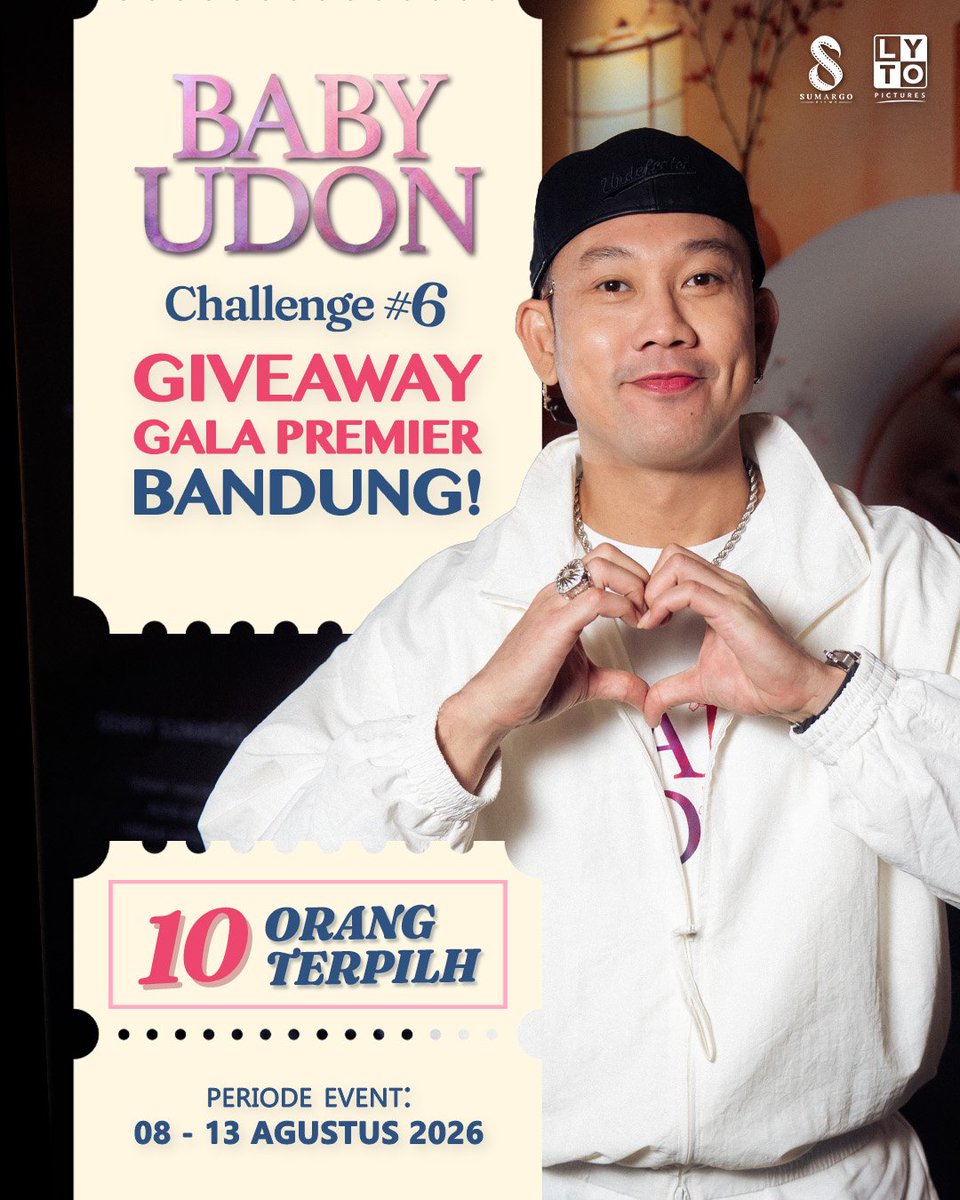 lytopictures's tweet photo. BABY UDON CHALLENGE 6!

Siapa yang mau jadi salah satu penonton pertama Film Baby Udon di Gala Premiere Bandung?

Cek slide ke-2 buat lihat cara ikutannya, lalu drop jawaban terbaik kamu di kolom komentar ya!

Akan ada 10 pemenang terpilih dan masing-masing mendapatkan 2 tiket Gala Premiere di Bandung ✨

Film BABY UDON
Tayang 3 September 2026 di Seluruh Bioskop Indonesia!
Terinspirasi dari kisah nyata perjalanan cinta Fanny Kondoh & Alm. Hajime Kondoh

#babyudon #filmbabyudon #truelovestory #sumargofilms #lytopictures #dennysumargo #kesetiaan #kehilangan #harapan #keajaiban