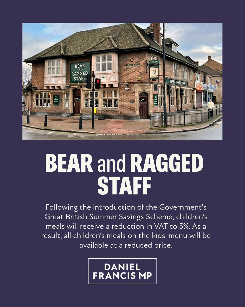 danfrancis02's tweet photo. The Government’s Great British Summer Savings Scheme is now underway, and Greene King pubs, incl The Bear &amp; Ragged Staff, have signed up. 

With VAT on children’s meals reduced to 5%, families can enjoy lower prices on kids’ meals this summer. 

See retailer’s website for T&amp;Cs https://t.co/BU6Nq7I4W6