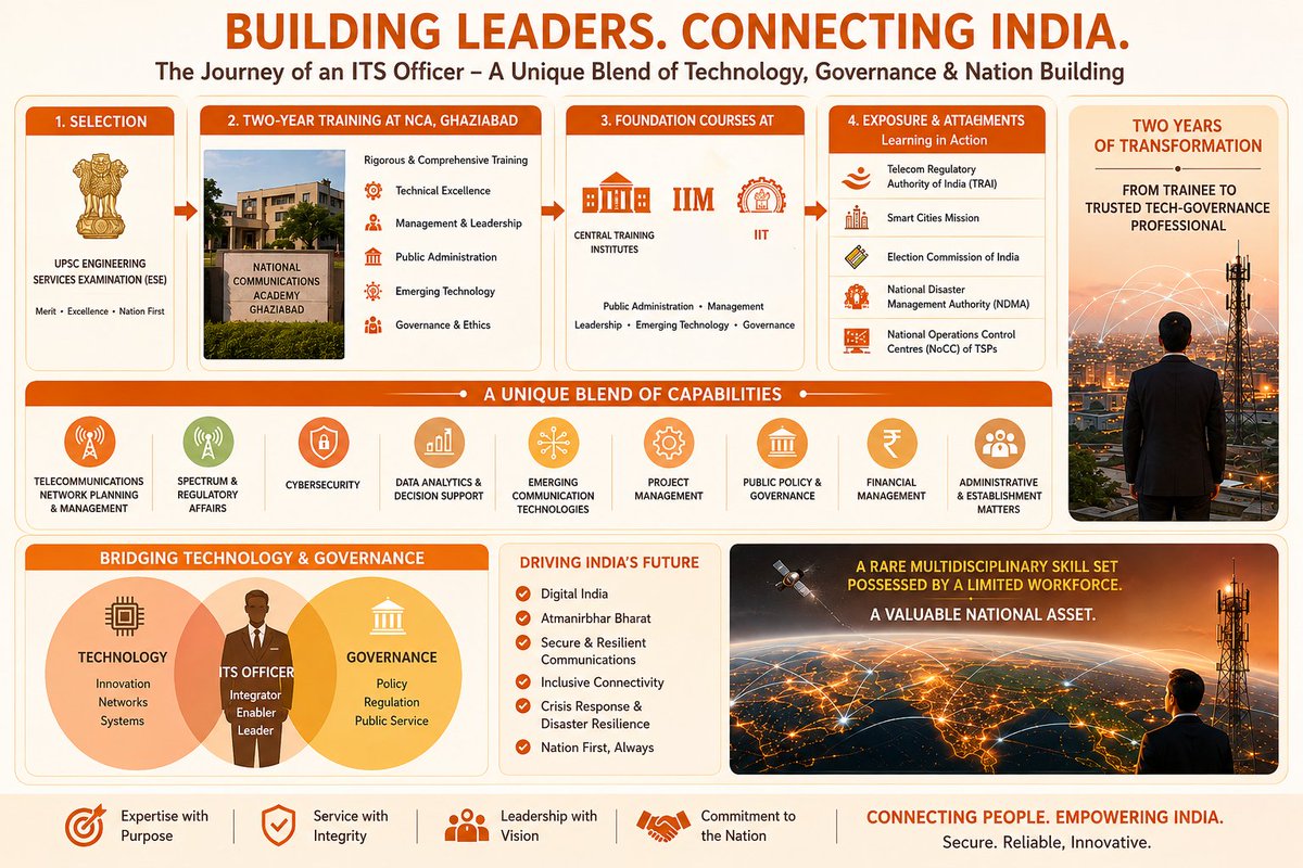 ITS_MoC's tweet photo. ITS— Connecting Bharat, Empowering People, Securing Cyberspace.

The unsung heroes of India’s digital transformation, ITS officers work at the intersection of technology, policy and national security.
(1/2) https://t.co/U7OUXzkFct