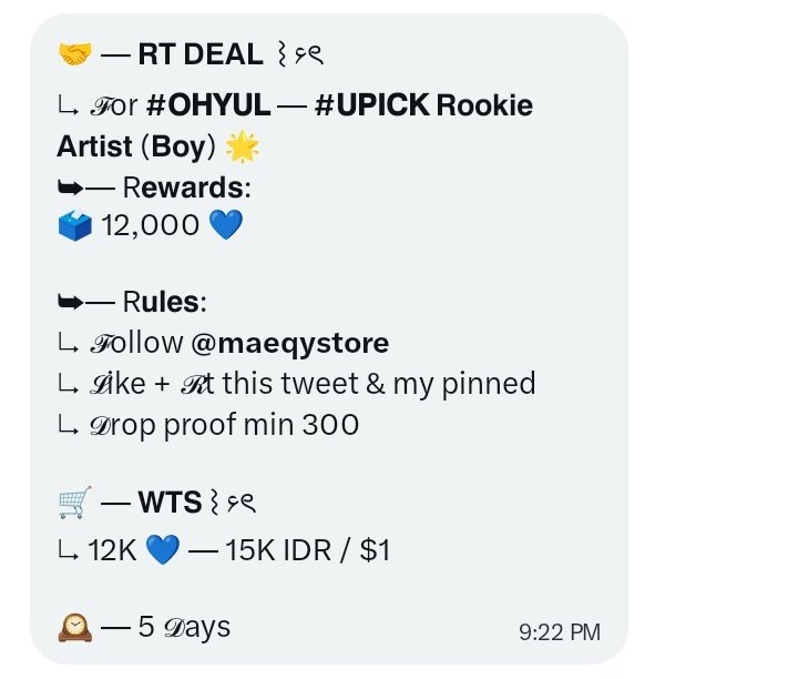 4shoboizshott's tweet photo. 🤝 — 𝗥𝗧 𝗗𝗘𝗔𝗟  ⌇ ۶ৎ
↳ 𝓕or #𝗢𝗛𝗬𝗨𝗟 — #𝗨𝗣𝗜𝗖𝗞 𝗥𝗼𝗼𝗸𝗶𝗲 𝗔𝗿𝘁𝗶𝘀𝘁 (𝗕𝗼𝘆) 🌟
➥— R𝗲𝘄𝗮𝗿𝗱𝘀:
🗳️ 12,000 💙

➥— R𝘂𝗹𝗲𝘀:
↳ 𝓕ollow @maeqystore 
↳ 𝓛ike + 𝓡t this tweet & my pinned
↳ 𝓓rop proof min 300

🛒 — 𝗪𝗧𝗦 ⌇ ۶ৎ
↳ 12K 💙 — 15K IDR / $1

🕰️ — 5 𝓓ays