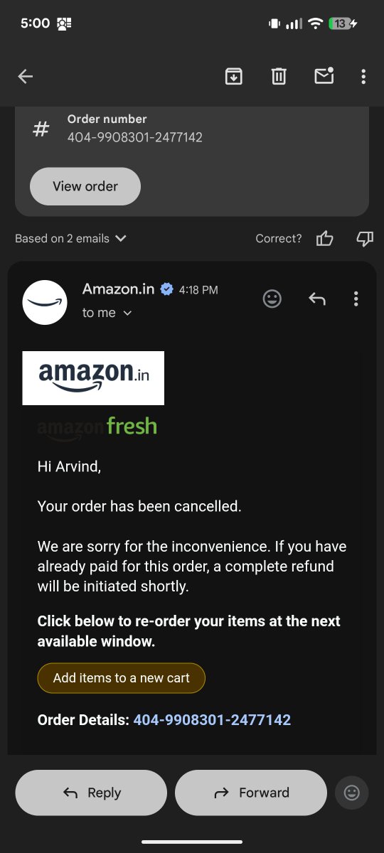 arvindpandey31's tweet photo. @amazonIN I have ordered grocery from Amazon fresh and it's got cancelled without any reason can you please refund my money so I can purchase from local store https://t.co/7Srj4i2TNT