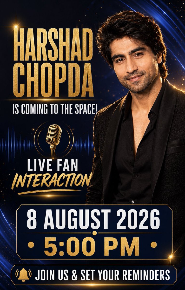 TeamHarshadOFC's tweet photo. 🚨 THE WAIT IS ALMOST OVER! 🚨

At 5 PM IST TODAY, it’s time to TALK, CONNECT &amp; ASK! 🫶✨

Get your questions ready for Harshad Chopda and join the live chat! 🖤💛

⚠️ Use ONLY:
#AskHarshad #HarshadChopda
Join this live conversation with me! https://t.co/zjXOEyudrf https://t.co/9tWl2gWBio