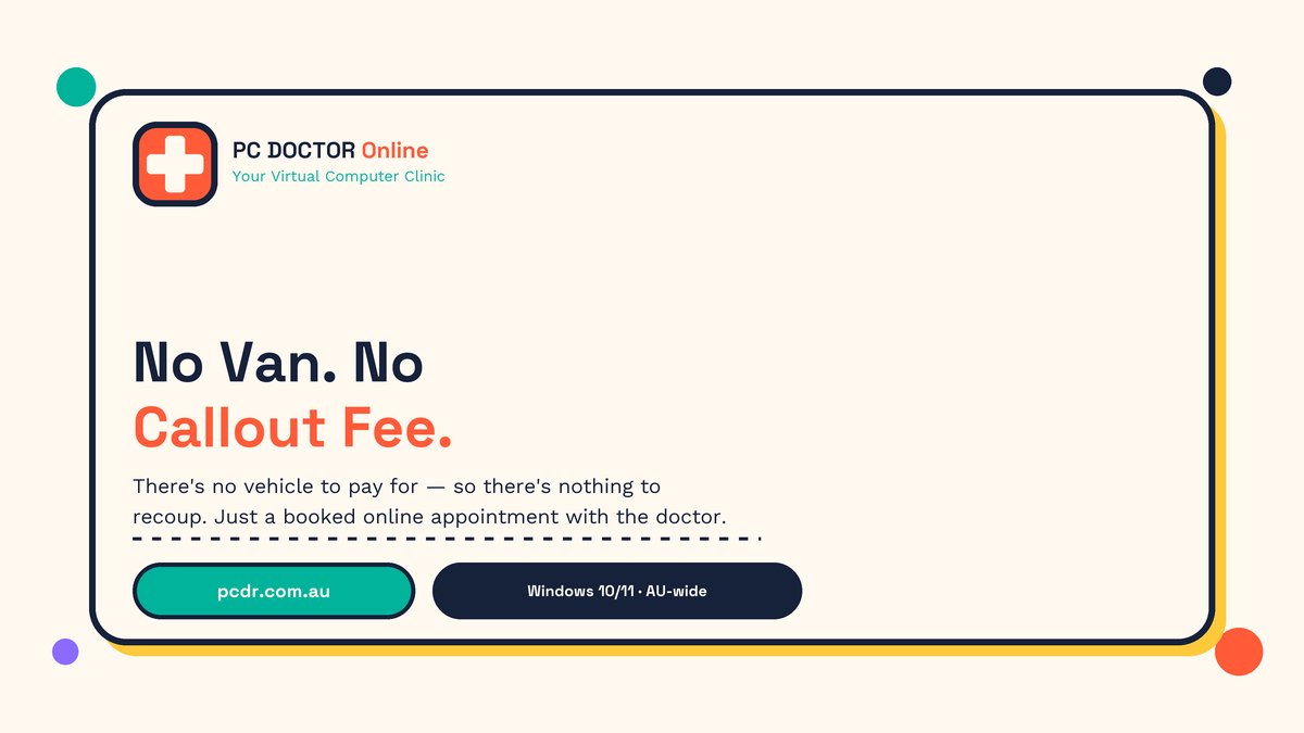 techtalk_au's tweet photo. No van. No callout fee to recoup. Just an online appointment with PC Doctor Online — you watch every click, live, on your own screen.

Windows 10/11 · Australia-wide · Often same-day https://t.co/AB3C0XD46H

#PCDoctorOnline #TechHelp https://t.co/ve0GC4FlnX