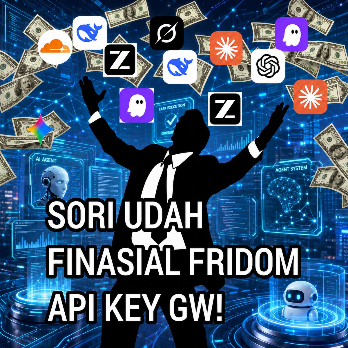 setyamickala's tweet photo. melihat gambar ini ternyata menjadi kenyataan 😭

" Sori, udah financial freedom gara-gara API Key gw. "

Dulu kerja manual satu²

Sekarang AI Agent yang kerja 24/7: research, coding, automation, monitoring, sampai eksekusi task.

Gw tinggal isi API Key, sisanya biar para agent yang lembur. 
kelebihan API Key juga bisa dijual lagi 🤣

Welcome to the AI Agent era.