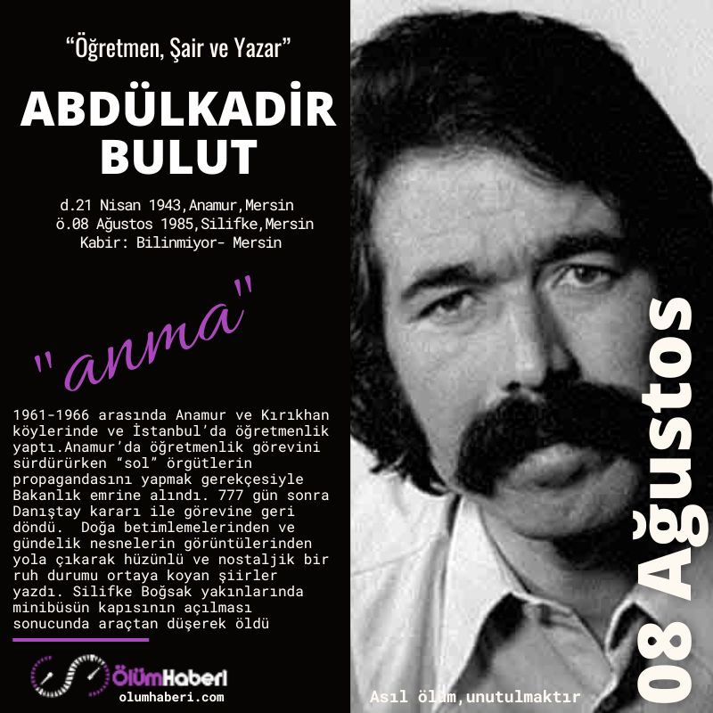 OlumHaberi's tweet photo. GÜNÜN ANMALARI. (08.Ağustos)
Abdülkadir Bulut
Alaaddin Koval
Bekir Yıldız
https://t.co/mHRZXAkEsq
#İstanbul #vefat #anma #tarih #AbdulkadirBulut #AlaaddinKoval #BekirYıldız #tarih #Ankara #yazar #muzik #asker #Istanbul #TBMM #sair #siir https://t.co/8ceCuyd3Wg