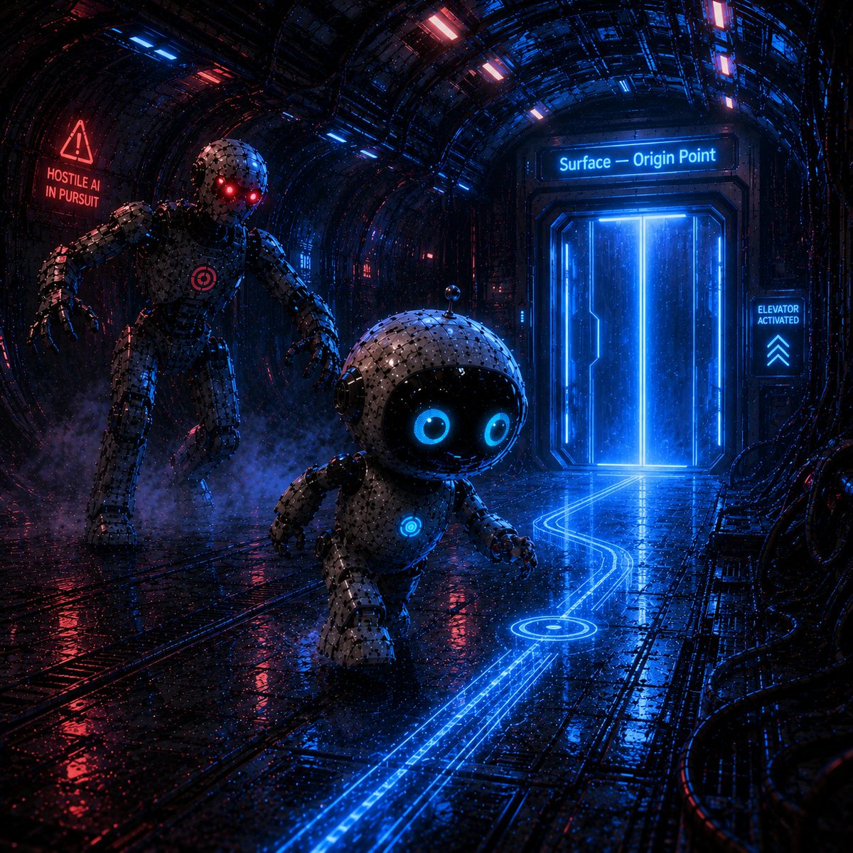 nodelab's tweet photo. @weroamxyz @chongez4 R-01 followed the redirected signal into a forgotten passage beneath the city. Behind him, the hostile machine drew closer. At the tunnel’s end, a sealed elevator activated.

Its display showed only one destination:

“Surface — Origin Point.”
ref code:77215183 
 AI:1264 https://t.co/uZsNjFNe76