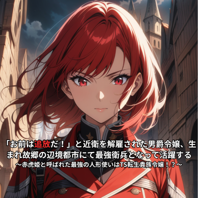 bicycleosho's tweet photo. 【更新】 
「お前は追放だ！」と近衛を解雇された男爵令嬢、生まれ故郷の辺境都市にて最強衛兵となって活躍する
 〜赤虎姫と呼ばれた最強の人形使いはTS転生貴族令嬢！？〜

「（幕間）　帝国歴一二八〇年　ペルマランド会戦　〇四」

 【あらすじ】
 「アナスタシア・リーベルライト男爵令嬢……お前を追放するッ！」

 　大陸全土を巻き込んで最悪の大戦禍を生み出した「統一戦争」、一〇〇〇年もの長き間続いた終わりのない戦争がついに終結した。

　戦争の勝利者であるゼルヴァイン帝国の軍人として暮らしていた私「アナスタシア・リーベルライト」男爵令嬢は転生者である。 異世界に転生した理由も目的も分からないまま、帝国貴族の勤めとして軍人を選択し、戦場を駆ける最強の人形使い（ドールマスター）として、英雄と称され終戦を迎えた。

　戦後に帝都近衛部隊へと配属されていた私は、隊長であるクラーク大佐より解雇・追放を告げられた。 帝都で生きていく術を失った私は故郷である辺境都市ライオトリシアへの帰路へと着くことに。
　その旅路の中で望まない婚約から逃げ出してきた侯爵令嬢にして規格外の魔術師であるパトリシア・ギルメールと出会った私は彼女と共に事件に巻き込まれてしまう。

　戦争で培った英雄としての能力とパトリシアの魔術を合わせてバディとなり、困難を乗り越えた私たちは実家を頼り、故郷での新しい生活のため新設された衛兵隊へ志願する。
　衛兵隊で出会った一癖も二癖もある仲間たちと共に、衛兵としての生活を始めた私とパトリシアは次第に帝国全土を巻き込む陰謀の渦に巻き込まれることに……。

　最強の人形使いアナスタシアと最強の魔術師令嬢パトリシア、二人の前に待ち受ける運命とは一体？

  #小説宣伝 #TSっ娘　#拡散希望
