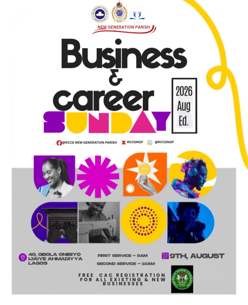 Rccgngp's tweet photo. Join us this Business &amp; Career Sunday for a life-transforming service designed to equip entrepreneurs, professionals, artisans, job seekers, creatives, and business owners with practical insights and divine wisdom for excellence. https://t.co/fi82lqIhAI