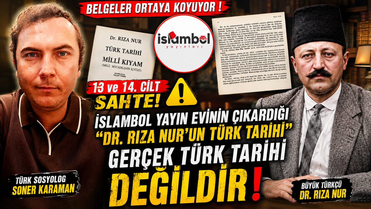 soner_karaman34's tweet photo. ⚠️ İslamabol yayın evinin Dr. Rıza NUR 13, 14 cilt diye sunduğu Türk tarihi, gerçek DEĞİL! 

Video ve video da bahs ettiğim 13 ve 14 cildi vieeonun mesaj kısmından indirip kontrol edebilirisiniz: https://t.co/J53YoEhyMF

                             ***
📚 DR. RIZA NUR’UN TÜRK TARİHİ’NDE 13 VE 14. CİLT MESELESİ...

Bahas ettiğim Toker yayınlarının 13 ve 14. cildini mesaj kısmından indirip kontrol edebilirsiniz.

Bu video da, Dr. Rıza NUR’un Türk Tarihi adlı eserinin yayın serüvenindeki önemli ve tartışmalı bir konuyu ele alıyorum.

🔎 "İslambol yayınları"  tarafından Dr. Rıza NUR’un "Türk Tarihi". eserinin devamı olarak yayımlanan ve 13–14. ciltler şeklinde sunulan metinler gerçekten Rıza Nur’un özgün Türk Tarihi ciltleri midir?

Benim üzerinde durduğum temel mesele tam olarak budur.

📖 Video da;

🔸 Toker yayınları baskılarındaki 13–14. cilt meselesini...

🔸 Millî Kıyam / Millî Mücadelenin İçyüzü adıyla yayımlanan metinlerin mahiyetini...

🔸 Rıza Nur’un hatıratı ile Türk Tarihi arasındaki ayrımı...

🔸 Almanya’da bulunduğunu belirttiğim yaklaşık 530 sayfalık tarih metniyle ilgili araştırmalarımı,
🔸 farklı baskıların birbirleriyle ilişkisini ve
🔸 “gerçek 13–14. cilt hangisidir?” sorusunu belgeler üzerinden tartışıyorum.

⚠️ Benim tezime göre, İslambol yayınları tarafından 13 ve 14. cilt olarak sunulan metinlerin, Dr. Rıza NUR’un özgün Türk tarihi eserinin kayıp/eksik ciltleri olarak kabul edilmesi doğru değildir.

 Videoda bunun nedenlerini ve dayandığım materyalleri ayrıntılı biçimde açıklıyorum.

Bu mesele yalnızca bir yayınevi veya baskı tartışması değildir. Asıl mesele, tarihî bir eserin özgün metninin doğru biçimde tespit edilmesi, korunması ve gelecek kuşaklara aktarılmasıdır.

🇹🇷 Dr. Rıza Nur, ömrünün önemli bir bölümünü Türk tarihi, Türk kültürü ve Türk milliyetçiliği üzerine çalışmalara ayırmış bir fikir ve siyaset adamıdır.
Benim bu konudaki düşüncemi ise şu söz özetliyor:

“Büyük Türkçü o kitapları, başkaları onlardan para kazanıp kâr elde etsin diye değil; ömrünü Türk budununa adayarak millî bir hizmet ortaya koymak için yazdı.”

Kısacası ve öz olarak:

"İslam bol"  yayın evinin çıkardığı ve  "Dr. Rıza NUR'un Türk tarihinin 13 ve 14.  cildi" dediği Türk tarihi serisi Rıza NUR'un Türk tarihi DEĞİLDİR! Bu 2 cilt, yani 13 ve 14. ciltler Toker yayınlarının NEREDE OLDUĞUNU BULAMADIK deyip tahmin yürüterek hatırattan kafalarına göre derlemedir. Onlardan Toker yayın evinin kitaplarını aynen kopya etmektedirler. Bu yüzden ben elimde olmasına rağmen Toker yayın evinin 13 ve 14. cildin pdf'sini yayınlamadım. İslam bol yayın evine nerede olduğunu söylesekte 530 sayfa kadar 12, 13. cilt olan Türk tarihini Almanya'dan almayıp,  algı yaparak GERÇEK 13 ve 14 cilt gibi piyasaya sürdü(ler).  Yakın gelecekte Almanya'dan alıp okuyucalara kavuşturmak dileğiyle, ben bedava dağıttığım için olur olmaz sitem ederek arkamdan kırıcı sözler edenlere şunu söylemek istiyorum: 

"...Büyük Türkçü o kitaplardan para kazanıp kâr elde edesiniz diye değil, ömrünü Türk budununa bedava adayıp millî bir hizmet yapmak için yazdı!"

Türk Sosyolog Soner KARAMAN

Amacım, ilerleyen dönemde söz konusu tarihî nüshaların ve belgelerin daha kapsamlı biçimde incelenmesi ve okuyucuyla buluşturulmasıdır.
📚 Tarih sloganla değil, kaynakla konuşur.
📜 Belgeyi görelim, baskıları karşılaştıralım, hükmü okuyucu versin.

👍 Videoyu faydalı bulduysanız beğenmeyi...
💬 görüşlerinizi yorumlarda paylaşmayı...
🔔 tarih, sosyoloji ve Dr. Rıza Nur araştırmaları için kanala abone olmayı unutmayın.

#️⃣ Hashtagler:

#DrRızaNur #RızaNur #TürkTarihi #İslambolYayınları #TokerYayınları #Türkçülük #TürkMilliyetçiliği #TürkTarihçiliği #Tarih #TarihAraştırmaları #MillîKıyam #SonerKaraman #TürkSosyologSonerKaraman