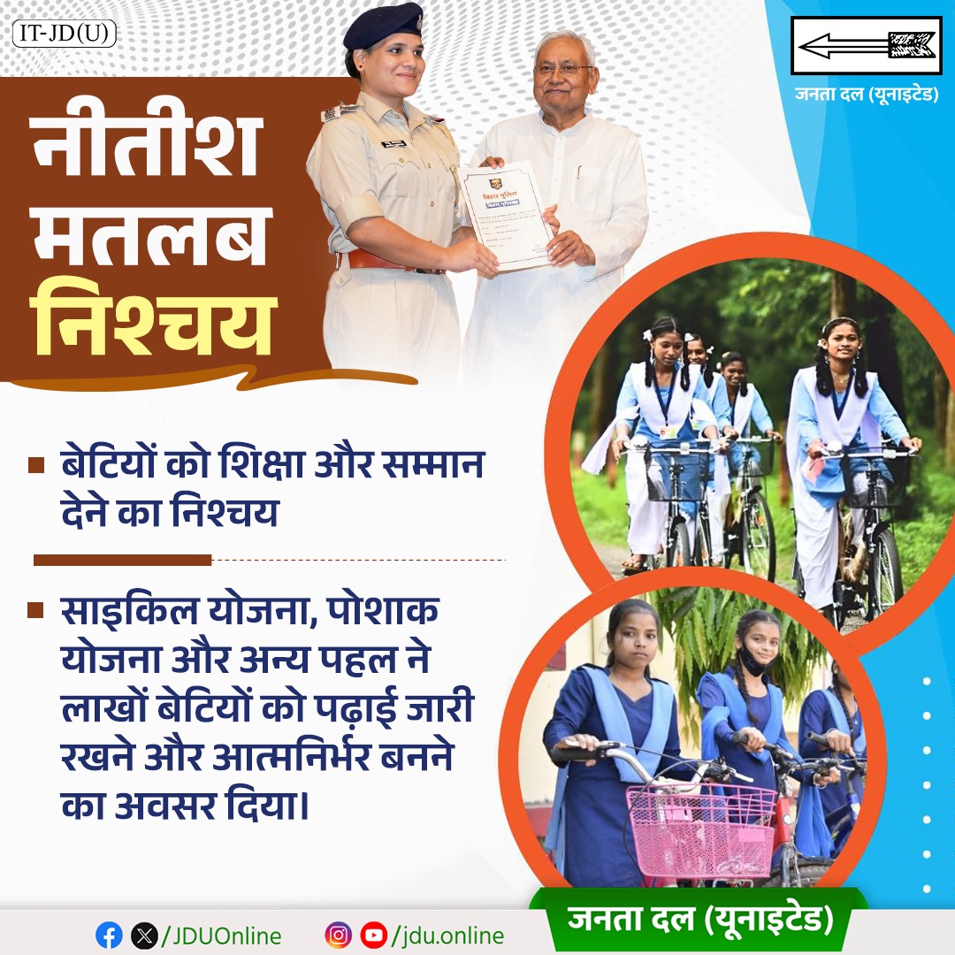 Jduonline's tweet photo. बेटियों को सशक्त बनाने के प्रति माननीय श्री नीतीश कुमार जी के दृढ़ निश्चय ने बिहार की बेटियों को नई पहचान और नए अवसर दिए।

मुख्यमंत्री बालिका साइकिल योजना, पोशाक योजना तथा अन्य कल्याणकारी पहलों के माध्यम से बेटियों को शिक्षा प्राप्त करने, आत्मनिर्भर बनने और अपने सपनों को साकार करने का अवसर मिला।

@NitishKumar 

#DoDashakNavnirmanKe #DhanyawadNitishJi
#Bihar #NitishKumar #JDU #JanataDalUnited