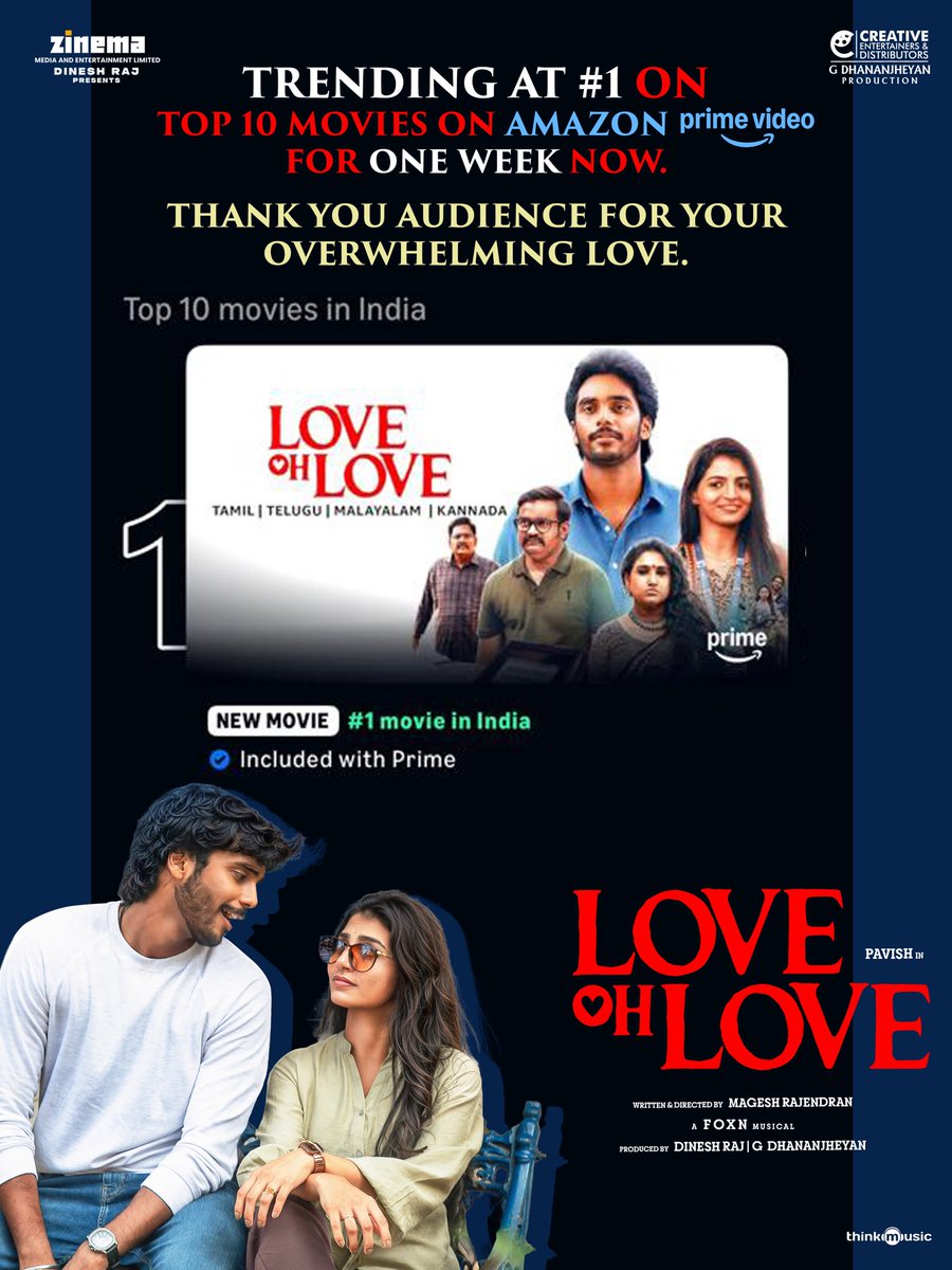 creativeentoffl's tweet photo. Trending at #1 among the Top 10 Movies in India on @PrimeVideoIN for an entire week!  Do watch this weekend 🏆

A beautiful film, overwhelming love, and an incredible audience response. ❤️✨

🔗 https://t.co/R23hy8taVF

#LoveOhLoveOnPrime

@zinemaindia @creativeentoffl https://t.co/dKztoGu18P