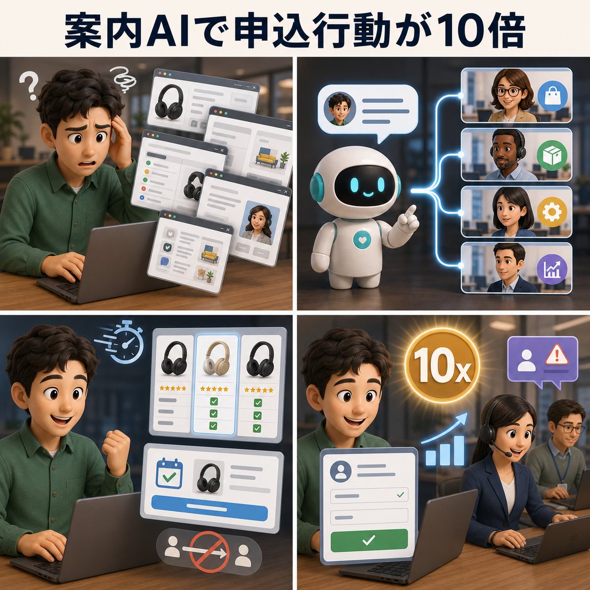 ai_buzz_check's tweet photo. サイトにAIを置いただけで売上が増えた、
という雑な成功談ではありません。
AI案内を使った人は、サービス申込へ進む確率が10倍。
その裏では、役割の違う複数AIを動かしていました。

Microsoftが自社サイトに導入した『Ask Microsoft』の事例です。

一つのAIに全製品を答えさせるのではなく、価格、Microsoft 365、Azureなど、分野ごとのAIへ質問を振り分ける設計に変更。

同社発表では、
・応答の遅れを最大61%削減
・人への引き継ぎを最大70%削減
・Azureの試用開始を16%増加
・AI案内を使った人は申込行動へ進む確率が10倍

という結果が出たとしています。

ここから『チャットボットを置けば10倍』と考えるのは危険です。
効いたのは、商品情報、価格、試用ページに正しく案内し、難しい相談は人へ渡せる仕組みまで作ったこと。

実際の売上額や導入コストは公表されていません。Microsoft自身の事例でもあります。

それでも、AIで稼げた事例の中ではかなり具体的です。
AIに営業させるより、お客さんが迷って離脱する場所を減らす。
売上につながる使い方は、こちらの方が再現しやすそうです。

参考：
https://t.co/RDkobWDZtk
