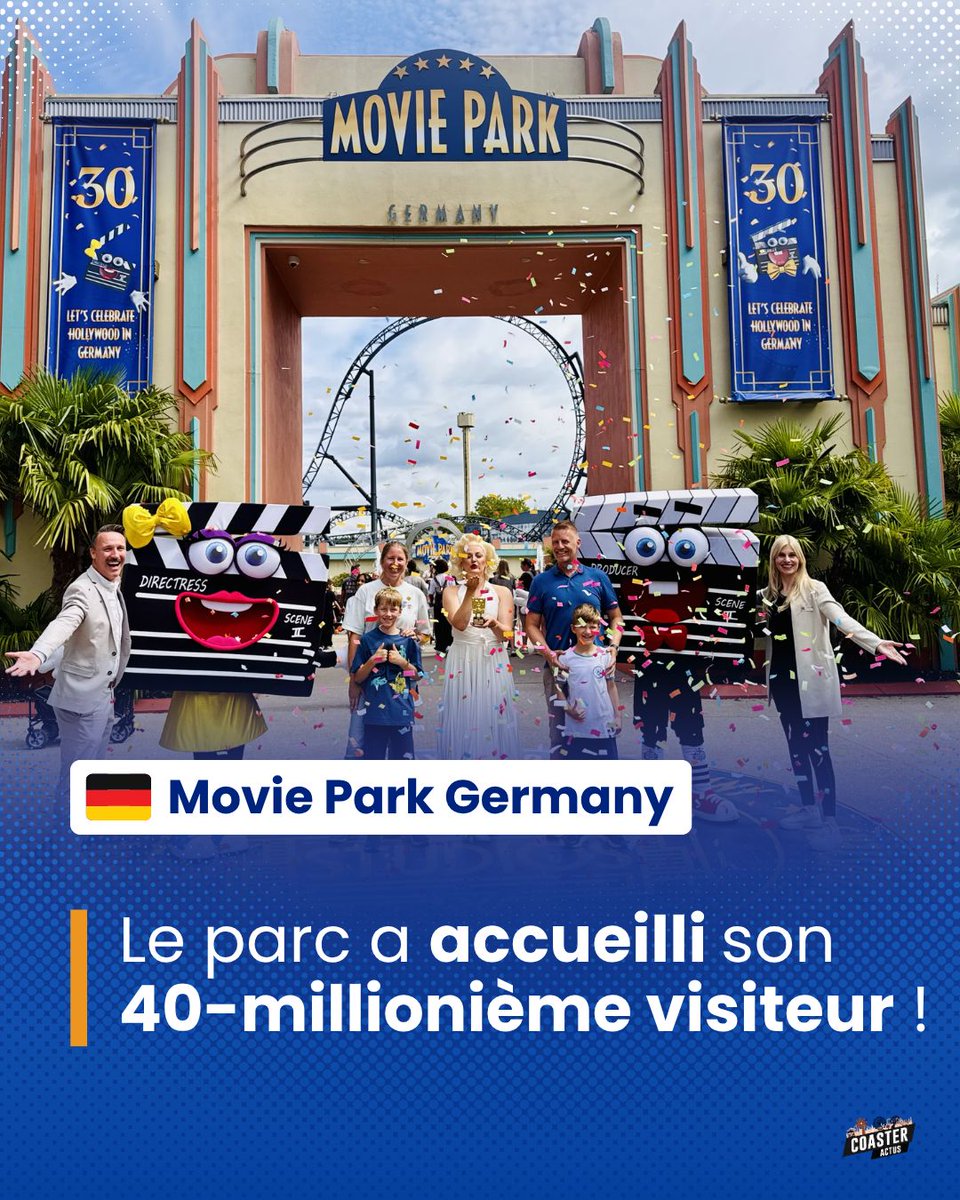 CoasterActus's tweet photo. 🎬 Un moment historique pour le parc allemand qui vient de franchir un nouveau cap symbolique depuis son ouverture en 1996.
Pour célébrer cet événement, une famille venue de Fahrdorf, près de Schleswig, a été accueillie en grande pompe par les mascottes et une pluie de confettis. https://t.co/q3sLWGgzFi