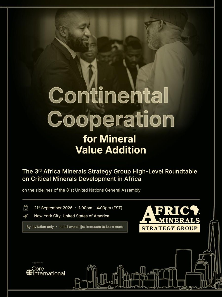 AMSGDialogues's tweet photo. How do we move Africa’s critical minerals sector from fragmented extraction to integrated continental prosperity? It starts with a new strategic architecture.
The Africa Minerals Strategy Group brings African states, strategic partners and industrial operators together to form mutual economic cooperation. No more isolated projects, just shared growth across Development, Policy, & Financial and Economic Assurance.

On September 21, 2026, during #UNGA81 in New York, the Africa Minerals Strategy Group (AMSG) is convening its 3rd High-Level Roundtable on Critical Minerals Development in Africa to turn this strategy into a reality.

The future of African resources is built on cooperation, integration, and local value retention.
​📅 Sept 21, 2026 | 1:00 PM – 4:00 PM EST
📍 New York City
✉️ By invitation only | email: events@c-imm.com