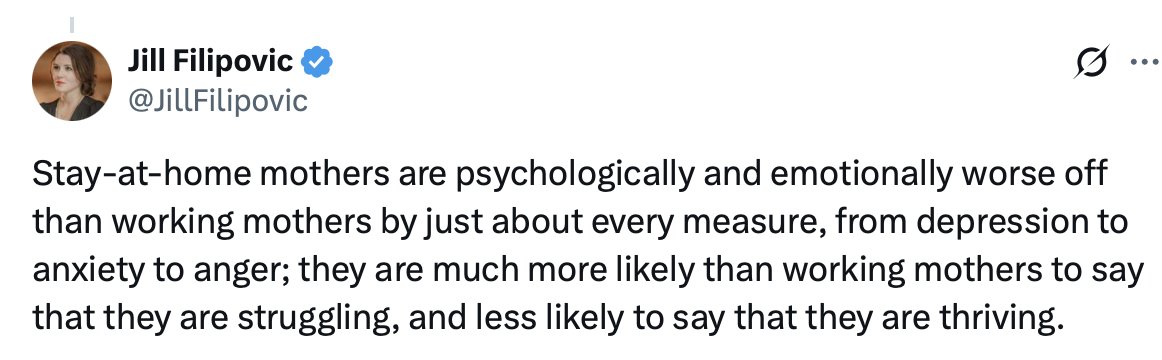 BradWilcoxIFS's tweet photo. Remember when @JillFilipovic said SAHMs are "emotionally worse off... by just about every measure"? Turns out, she's wrong. New data on
✔️ Meds
✔️ Depression
✔️ Alcohol consumption
paint a very different empirical tale than the one told by Filipovic.👇🏽 https://t.co/OB7iZYWRgc