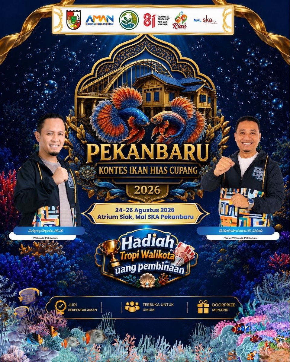 pemkopku's tweet photo. Warga Pekanbaru siap-siap⁉️

Kontes Ikan Hias Cupang PEKANBARU 2026 hadir untuk para pecinta cupang.

📅 24–26 Agustus 2026
📍 Atrium Siak, Mal SKA Pekanbaru

Terbuka untuk umum, serta hadiah menarik!
🏆 Trofi Walikota
💰 Uang pembinaan
🎉 Doorprize menarik https://t.co/6GkuIK7e7M