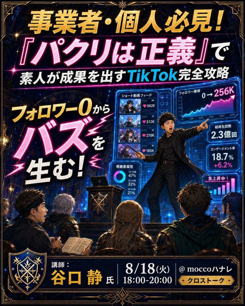 crosstalk_guild's tweet photo. 「SNSやりたいけどフォロワー0からじゃ無理…」と諦めていませんか？😭

実はTikTokならフォロワーゼロからでも一撃大バズりのチャンスが🔥

8/18(火)18時〜クロストークの修行場（moccoハナレ）にて『パクリは正義』で素人が勝つTikTok攻略セミナー開催！

勝てるリサーチ＆TTP術とは…？👇（1/2） https://t.co/9ppx5Phhm7