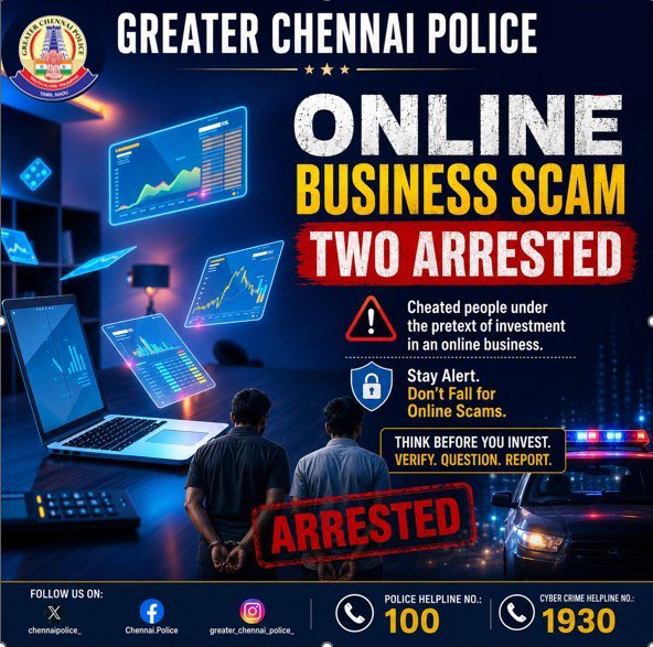 chennaipolice_'s tweet photo. 📈 ஆன்லைன் மூலம் வியாபாரம் தொடர்பான முதலீடு என்ற பெயரில் பண மோசடி செய்த 2 நபர்கள் கைது.

🚔 பெரியமேடு காவல் நிலையம் 

#Periamet  #GCP #Chennai #Police #Online #CyberCrime #SwiftAction https://t.co/XuwXJuXNJH