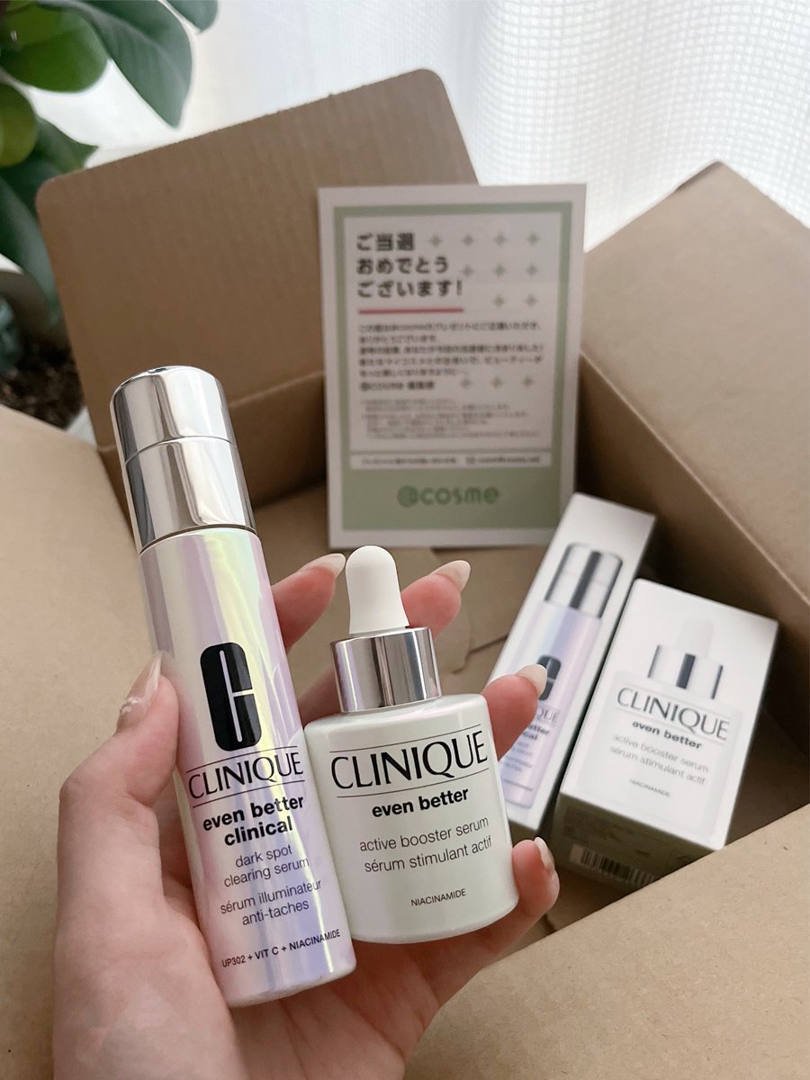 a__o__3's tweet photo. CLINIQUE イーブンベターセラム2本当選した～すごい嬉しい✨✨✨
透明起動ブースターって言われてる日本限定の薬用導入美容液＆透明感の循環を作りくすみができるあらゆる経路にアプローチするセラムでこの夏透明感爆発するかもしれん…✨
また使ってみてレポします🗒✍🏻️
#アットコスメ当選品 https://t.co/vm6IM7aw4i