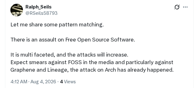 RSeils58793's tweet photo. @gnukeith There is a lockstep against GrapheneOS.
There will be many more attacks. https://t.co/H5JXvcruHH