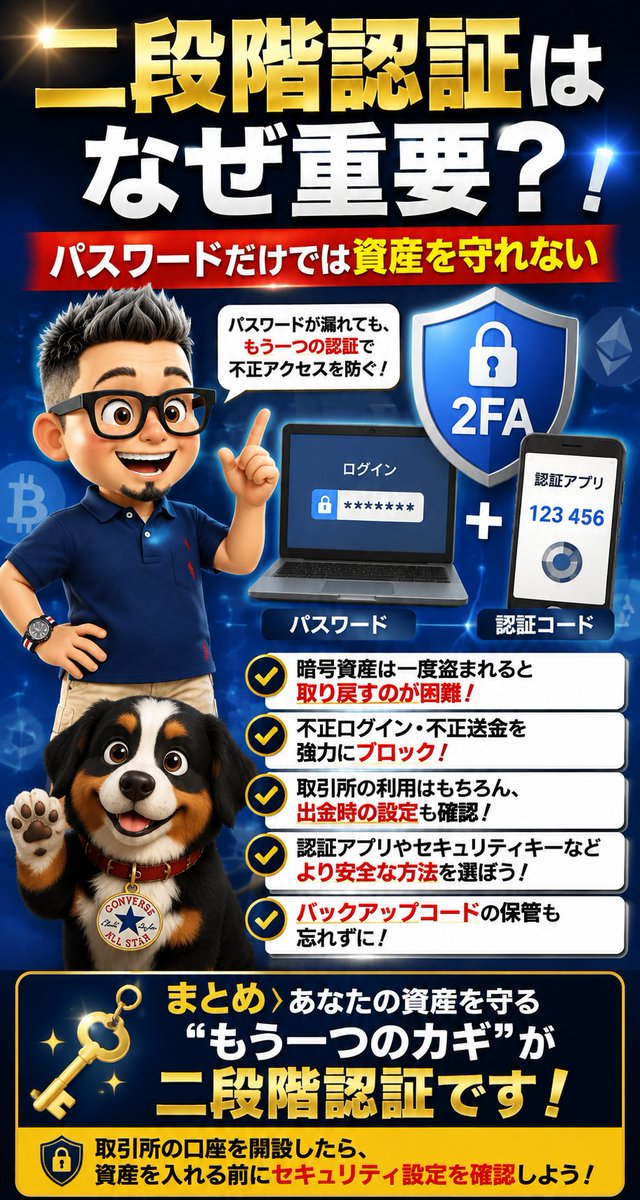 Take_R3330's tweet photo. ーーーーーーーーーーーーーーーーー
　　     二段階認証はなぜ重要？
  パスワードだけでは資産を守れない
ーーーーーーーーーーーーーーーーー
暗号資産（仮想通貨）を始めるとき、必ず設定しておきたいセキュリティ対策の一つが「二段階認証（2FA）」です。

「パスワードを複雑にしているから大丈夫」と思っていませんか？

実は、パスワードがフィッシング詐欺や情報漏えいなどで第三者に知られてしまう可能性はゼロではありません。

そこで重要になるのが二段階認証です。

■ 二段階認証とは？
通常のログインでは、

「メールアドレス＋パスワード」

などで本人確認を行います。

二段階認証を設定すると、さらに「認証アプリなどで生成される確認コード」を求められます。

つまり、
🔑 パスワード
＋
📱 もう一つの認証手段

という二重の防御になります。

仮にパスワードが盗まれても、もう一つの認証を突破できなければ、不正ログインを防げる可能性が高まります。

■ 暗号資産では特に重要
銀行やクレジットカードとは異なり、暗号資産は一度不正送金されると、取引の取り消しや資産の回収が非常に難しい場合があります。

そのため、
「盗まれてから対応する」
のではなく、

「そもそも侵入させない」
という考え方が非常に重要です。

特に暗号資産取引所では、ログインだけでなく、出金時の認証など利用できるセキュリティ設定も確認しておきましょう。

■ SMS認証だけで安心？
SMSで届く認証コードも二段階認証の一つですが、より安全性を意識するなら「認証アプリ」などの利用も検討したいところです。

SMSには、電話番号を不正に乗っ取る「SIMスワップ」などのリスクがあるためです。

取引所が対応している場合は、認証アプリやセキュリティキーなど、より強固な方法を選択するのも有効です。

■ バックアップも忘れずに
二段階認証を設定したスマートフォンを紛失・故障すると、自分自身がログインできなくなる可能性があります。

そのため、サービスから提供されるバックアップコードや復旧方法を事前に確認し、安全な場所で管理しておくことも大切です。

もちろん、バックアップコードを他人に教えてはいけません。

ーーー
まとめ
ーーー
暗号資産では
「自分の資産は自分で守る」
という意識が欠かせません。

二段階認証は、不正アクセスを防ぐための基本的かつ重要な防御策です。

「自分は狙われないから大丈夫」
ではなく、

パスワードが漏れても、簡単には侵入させない。

そのための「もう一つのカギ」が二段階認証です。

取引所の口座を開設したら、資産を入れる前にセキュリティ設定を確認する習慣をつけましょう。

#暗号資産
#仮想通貨初心者
#二段階認証
#セキュリティ