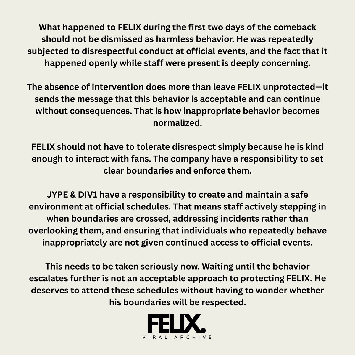 BbokRisma's tweet photo. What happened to FELIX during the first two days of the comeback should not be dismissed as harmless behavior. He was repeatedly subjected to disrespectful conduct at official events and the fact that it happened openly while staff were present is deeply concerning

#ProtectFelix https://t.co/rCs6XXtQnI