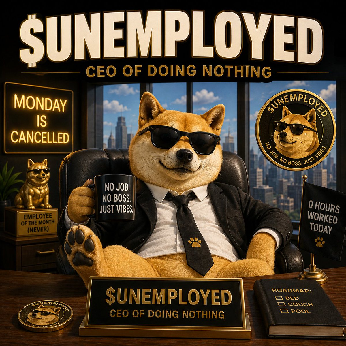 unemployedplugo's tweet photo. Introducing $UNEMPLOYED. 🕶️

The first coin built for everyone who quit, got laid off, or is just quietly checked out at their desk right now.

No job. No boss. Just vibes.

🐕 CEO of Doing Nothing 🚀 Launching 09/05 💰 Community airdrop — details soon 🌐 https://t.co/rd3nSuTIo8