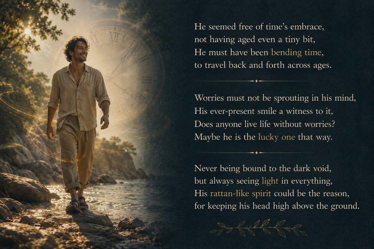 my2centsandme's tweet photo. #vss365
He seemed free of time's embrace,
not having aged even a tiny bit,
He must have been bending time,
to travel back and forth across ages.
Worries must not be #sprouting in his mind,
His ever-present smile a witness to it,
(1/3) https://t.co/LlimQ50bvN