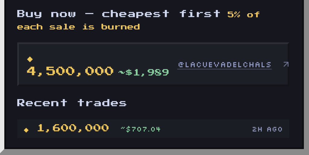 BlockFallX's tweet photo. Player “lacuevadelchals” just bought the rarest item of the game “The Bed 🛏️” for 1,600,000 solana:GKUwfyQoJ9apCaoWyYaQ9RT8inZed469v41M1Ljb1ock (~$707)

Congrats to player “reolatas” for this lucky pull! ☘️

80,000 $BLOCK have been burned from this sale (5% marketplace tax) 🔥 https://t.co/C030AeWvuP